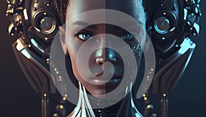 Robot African American woman of the future with artificial intelligence by Generative AI