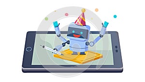 Robot AI Assistant on Tablet Interacting with User Interface, vector design Generative AI