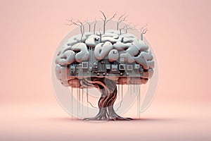 Robot AI brain with trees on pink background. Artificial intelligence, futuristic digital technology human and robot