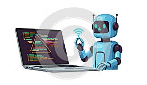 Robot AI coding on laptop with.