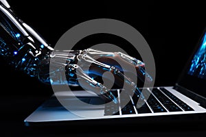 Robot AI hand using laptop, hacking system AI. generative AI