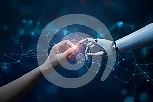 Robot AI, Machine learning, Hands of robot and human touching on big data network connection background, AI generate