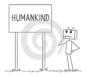 Robot or Ai Thinking About Future of Humankind, Vector Cartoon Stick Figure Illustration