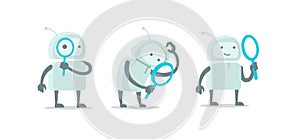 Robot alien character with magnifier loupe set. With magnifying glass search. Flat color vector illustration stock
