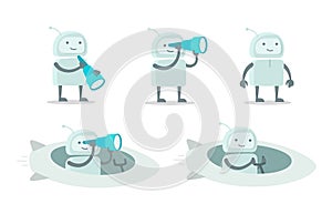 Robot alien character with spyglass set. With telescope search. On rocket spaceship. Flat color vector illustration