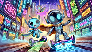 Robot and Alien Friends Hoverboarding in Neon City