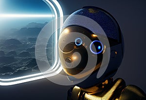 Robot and alien planet view through window generative AI sci-fi illustration