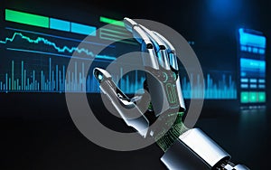 the robot analyzes graphs. artificial intelligence, hand pointing to graph, chart