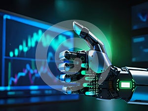the robot analyzes graphs. artificial intelligence, hand pointing to graph, chart