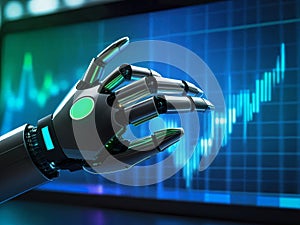 the robot analyzes graphs. artificial intelligence, hand pointing to graph, chart