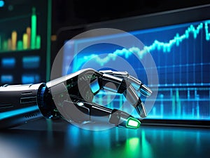 the robot analyzes graphs. artificial intelligence, hand pointing to graph, chart