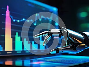 the robot analyzes graphs. artificial intelligence, hand pointing to graph, chart