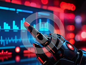 the robot analyzes graphs. artificial intelligence, hand pointing to graph, chart