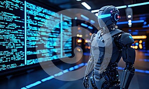 Futuristic Robot in Data Center with Blue Code Display