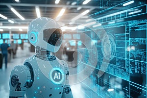 Robot analyzing complex data related to artificial intelligence on futuristic screen