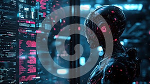 Robot analyzing data on computer screen with focused digital interface