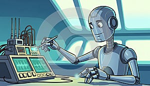 Robot analyzing data on computer screen.