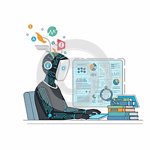 Robot analyzing data with computer screen