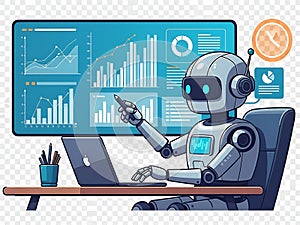 Robot analyzing data on computer screen, isolated on white background