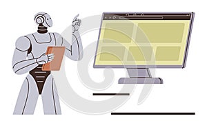 Robot Analyzing Data on Computer Screen with Tablet in Hand