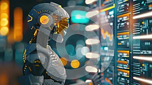 Robot Analyzing Data on Digital Screen in Futuristic Setting generated with AI