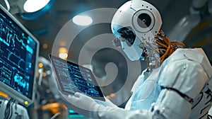 Futuristic robot analyzing data on a digital tablet in a tech environment