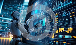 Robot Interacting with Futuristic Data Visualization Screen