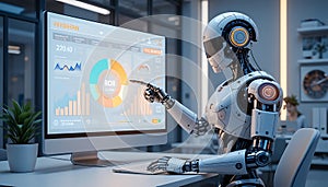Robot Analyzing Data Graphs on Computer Screen in Modern Office