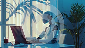Robot Analyzing Data on Multiple Computer Screens