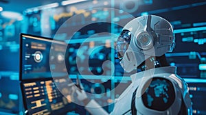 Robot Analyzing Data on Multiple Computer Screens