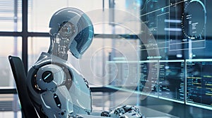 Robot Analyzing Data on Multiple Computer Screens