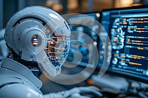 Robot Analyzing Data on Multiple Computer Screens