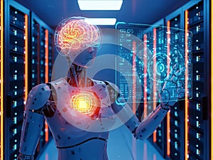 Robot analyzing data in server room