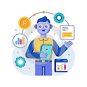 Robot Analyzing Data on Tablet with Various Charts and Graphs Around It