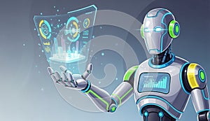 Robot analyzing data on transparent screen.