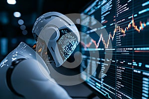 robot is analyzing financial data using artificial intelligence, showcasing advanced technology and data visualization. scene