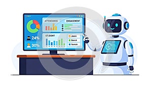 Robot Analyzing Student Data on Computer Screen