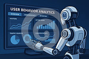 Robot Analyzing User Behavior Analytics Interface