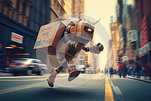 robot android courier running through busy city, with packages in hand