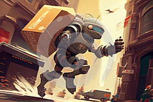 robot android courier running through busy city, with packages in hand