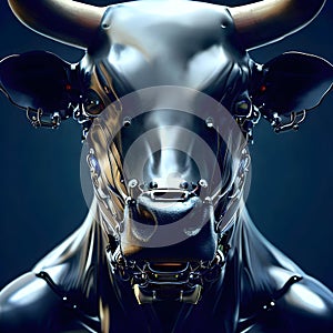 Robot, android cow, bull portrait. Mechanical, metal futuristic cyborg buffalo