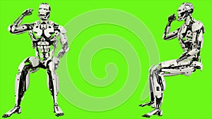 Robot android is emotionally reacts and waves fist. Realistic looped motion on green screen background. 3D Rendering.