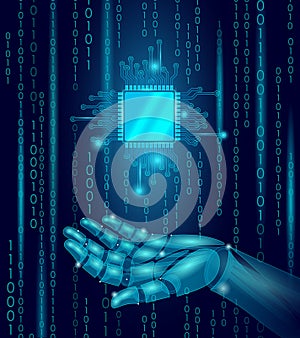 Robot android hand hold processor cpu. Low poly polygonal