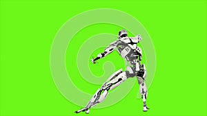 Robot android is launches a ball of energy. Realistic looped motion on green screen background. 3D Rendering.