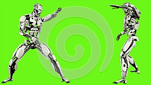 Robot android is shows your fighting skills Realistic looped motion on green screen background. 3D Rendering.