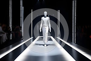 Robot android walks down the runway as a model at a fashion show