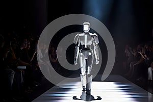 Robot android walks down the runway as a model at a fashion show