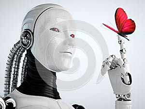 Robot android woman with butterfly