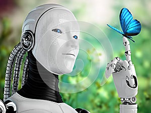 Robot android woman with butterfly in nature