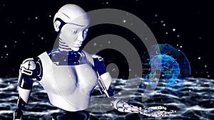 robot android woman holding a digital planet earth.. Cyborg future technology, artificial intelligence, computer